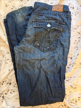 True Religion Women's Blue Straight Leg Denim Jeans with Signature Pocket